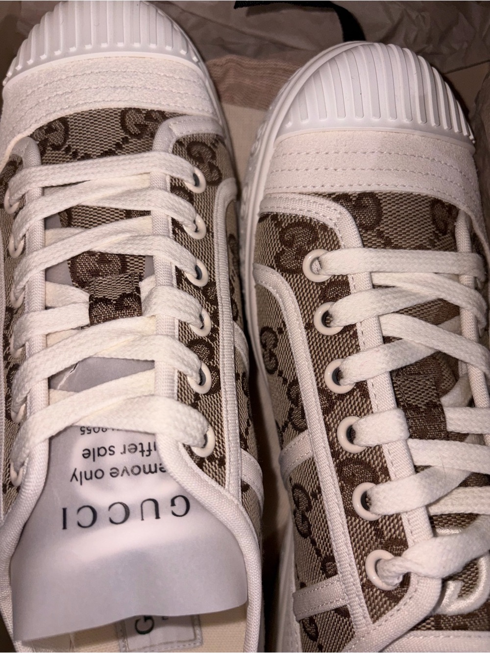 Gucci Womens GG Canvas Lace-Up Sneakers in Brown/White
